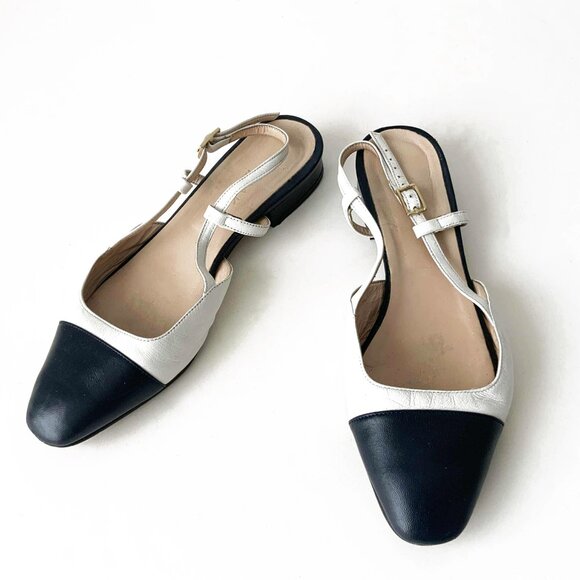 JONAK Navy & White Leather Cap Toe Open Back Flat - Picture 1 of 10